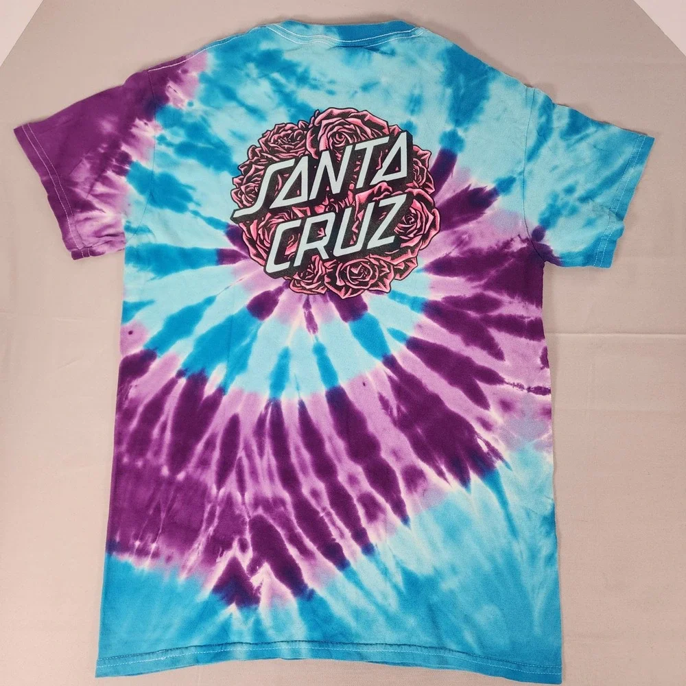 Santa Cruz Blue Tie Dye T-Shirt Mens Small Rose Logo Skate NHS Short Sleeve